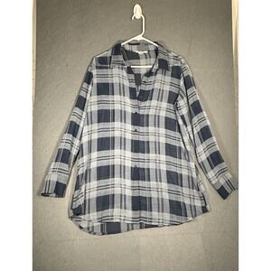 BB Dakota Plaid Tunic Shirt Women's  L Navy Blue Check Button Front Long Sleeve